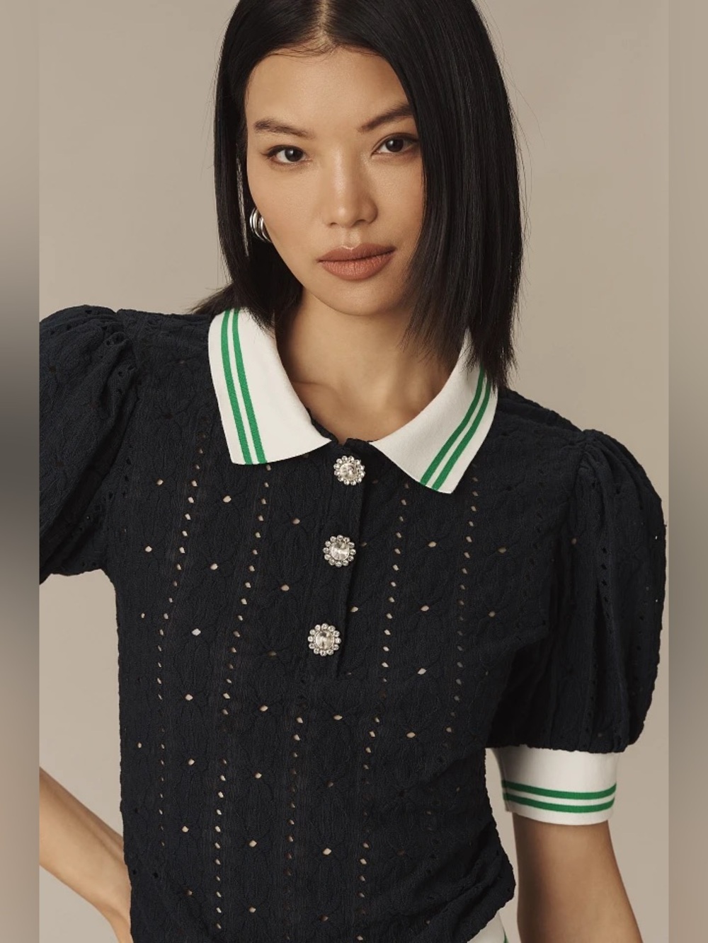 Maeve Puff-Sleeve Lace Polo Top Navy & White & Green Trim Large